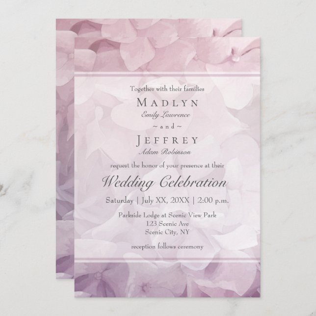Invitation Mariage d'été Blush Pink violet Hydrangea (Devant / Derrière)
