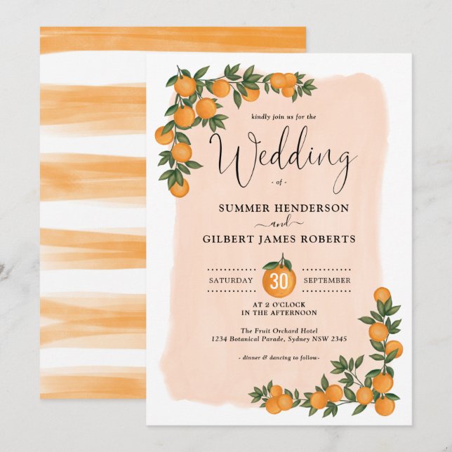 Invitation Mariage d'été Botanical Citrus Orange Green (Devant / Derrière)