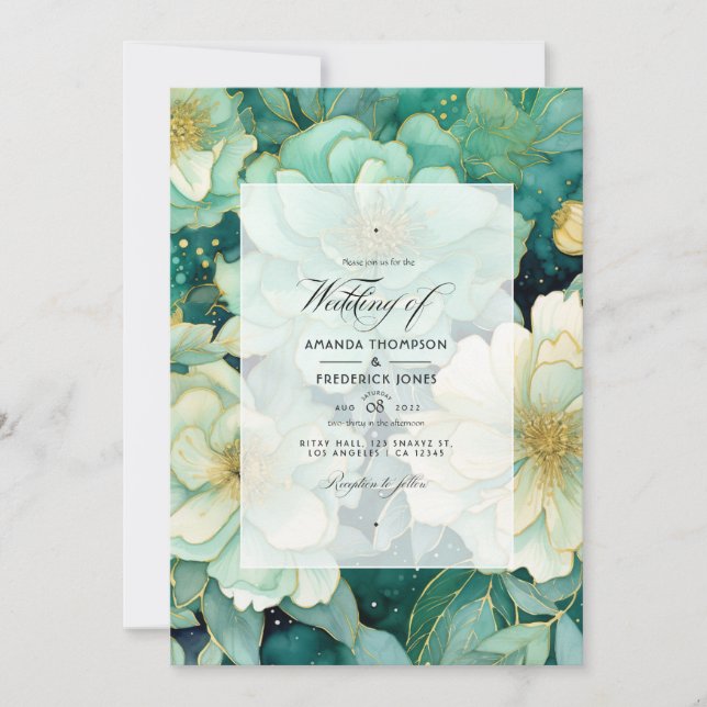 Invitation Mariage D'Été De Monnaie, Chasseur Vert Et Or Flor (Devant)