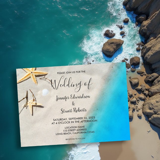 Invitation Mariage d'été de plage de sable d'étoile de mer tr (Tropical ocean sand starfish summer beach wedding invitation.)
