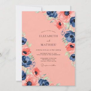 Invitation Mariage d'été enchantant bleu marine corail
