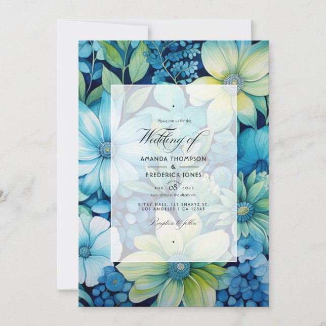 Invitation Mariage d'été Floral bleu et vert (Devant)