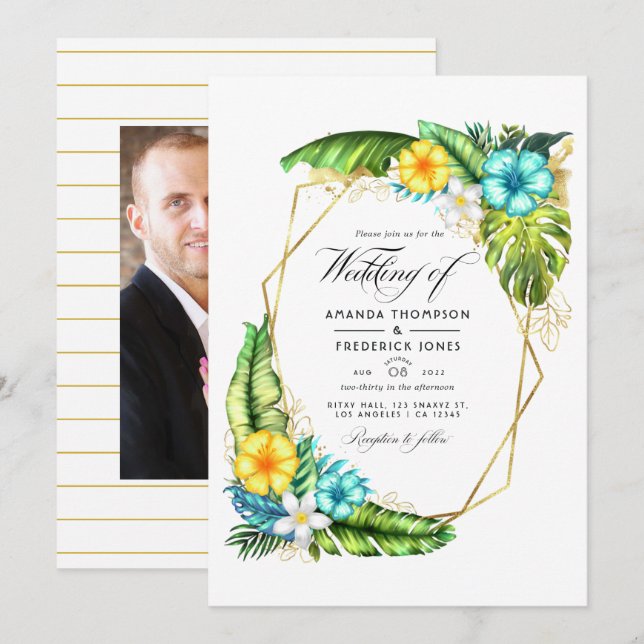 Invitation Mariage d'été géométrique Aloha Tropical Photo (Devant / Derrière)