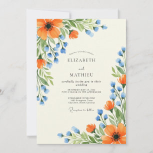 Invitation Mariage d'été luxuriant à la pervenche orange