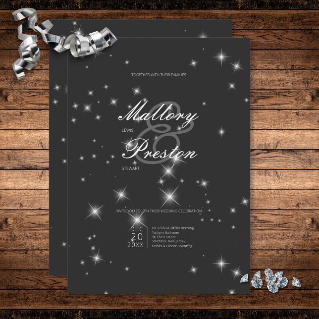 Invitation Mariage d'étincelle d'hiver noir au charbon modern (Modern Charcoal Black Winter Sparkle Wedding Invitation)