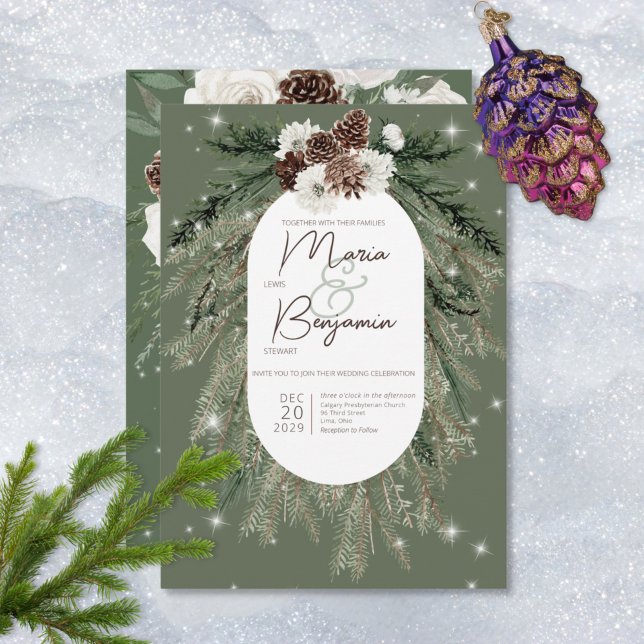Invitation Mariage d'étincelle d'hiver Rustique Green Pine (Créateur téléchargé)