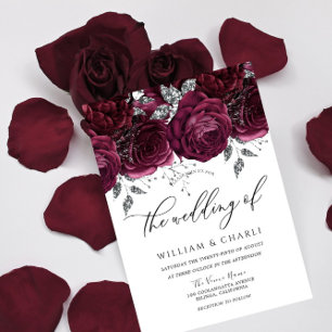 Invitation Mariage d'étincelle florale bourguignonne et argen
