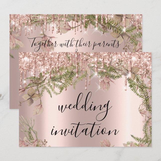 Invitation Mariage  d'étincelle Rose Florals Mint (Devant / Derrière)