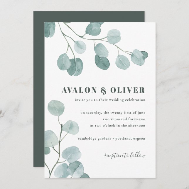 Invitation Mariage d'eucalyptus en argent (Devant / Derrière)