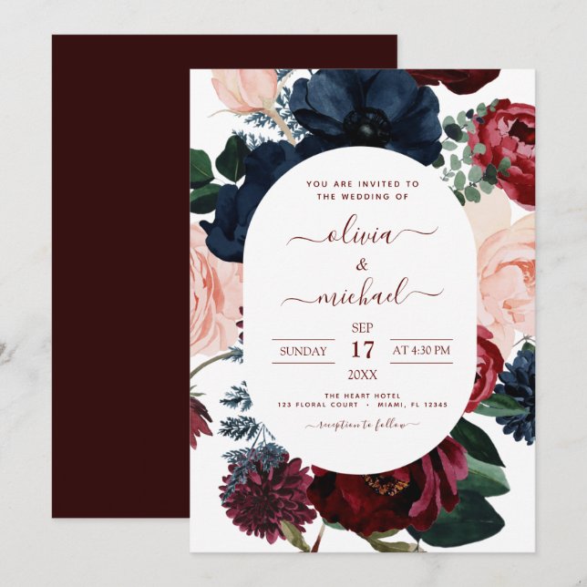 Invitation Mariage d'Eucalyptus Floral bleu de la marine de B (Devant / Derrière)