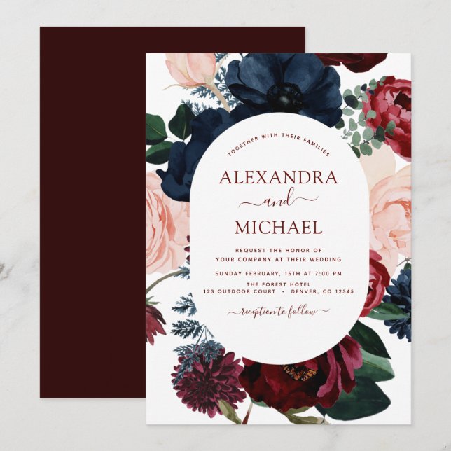 Invitation Mariage d'Eucalyptus Floral bleu de la marine de B (Devant / Derrière)