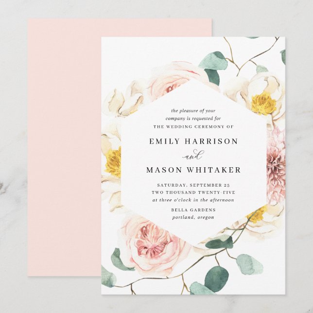 Invitation Mariage d'Eucalyptus Floral Rose et Blanc (Devant / Derrière)
