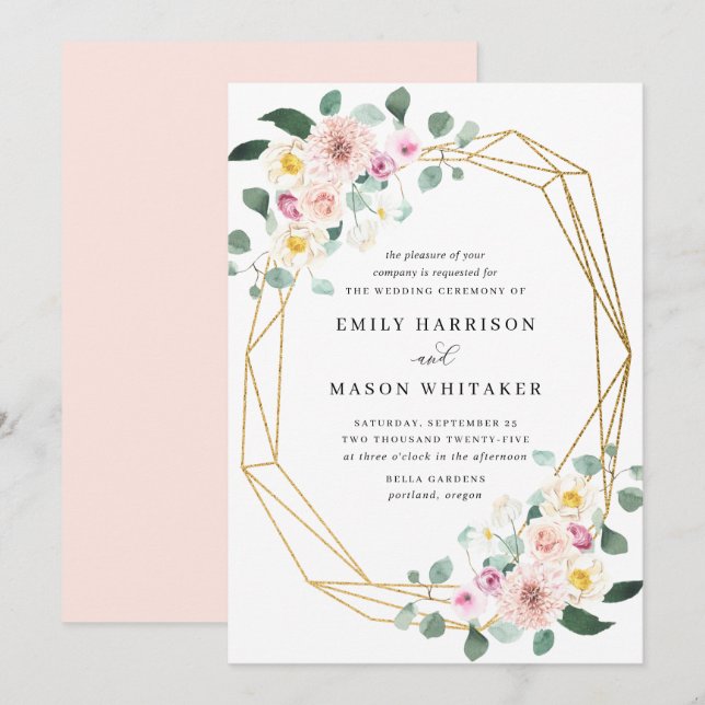 Invitation Mariage d'Eucalyptus Floral Rose et Violet (Devant / Derrière)