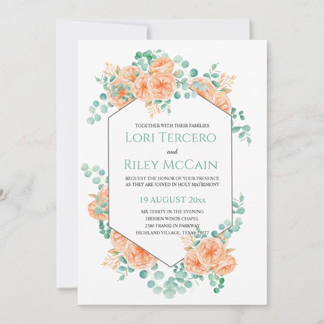 Invitation Mariage d'Eucalyptus Floral vert de Pêche (Devant)