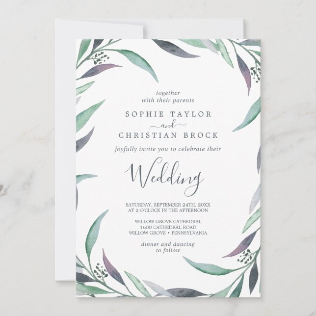 Invitation Mariage d'eucalyptus pourpre et vert (Devant)
