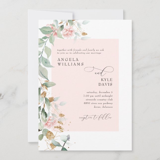 Invitation Mariage d'eucalyptus rose (Devant)
