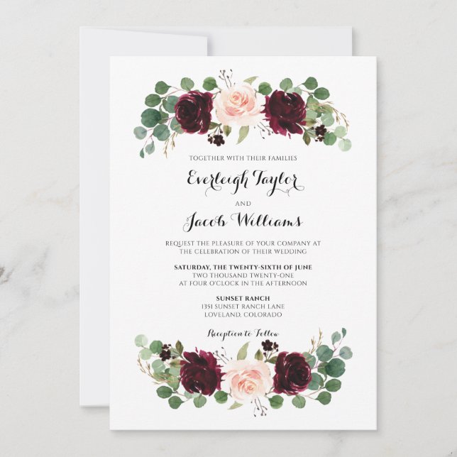 Invitation Mariage d'Eucalyptus rose rose rouge de Bourgogne (Devant)