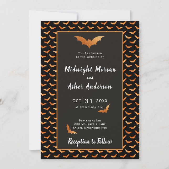 Invitation Mariage d'Halloween de chauve-souris orange et noi (Devant)