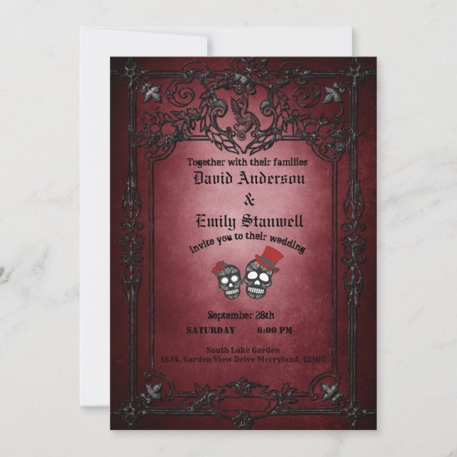 Invitation Mariage d'Halloween gothique rouge et noir (Devant)