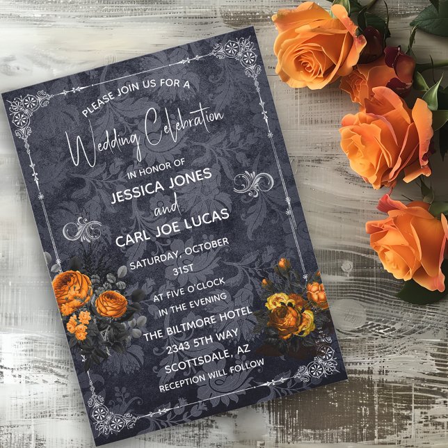 Invitation Mariage d'Halloween Orange Rose Floral Ornate (Créateur téléchargé)