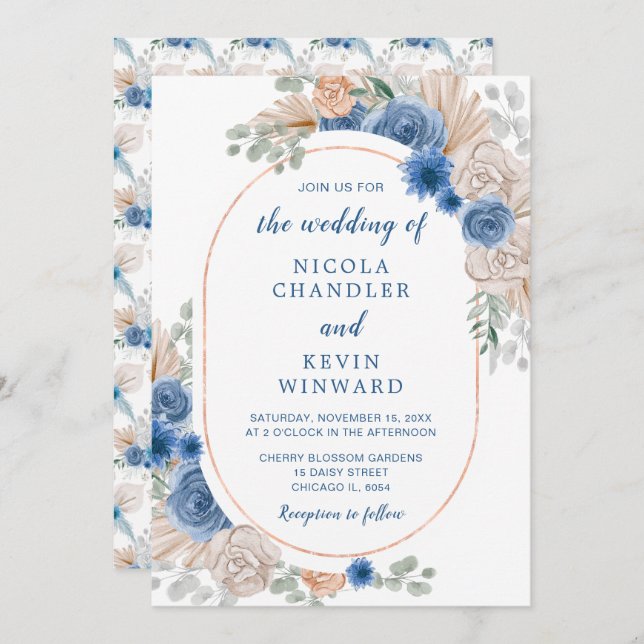 Invitation Mariage d'herbe Boho bleu (Devant / Derrière)
