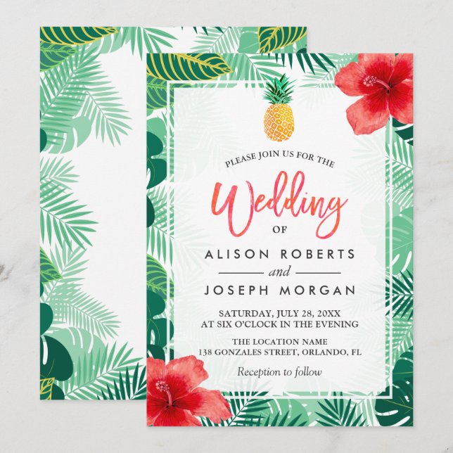 Invitation Mariage d'hibiscus hawaïen d'ananas tropicaux (Devant / Derrière)