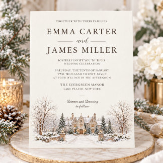 Invitation Mariage d'hiver à manoir enneigé aquarelle