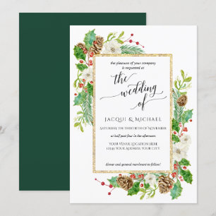 Invitation Mariage d'hiver Aquarelle Rose Pine Cone Feuilles