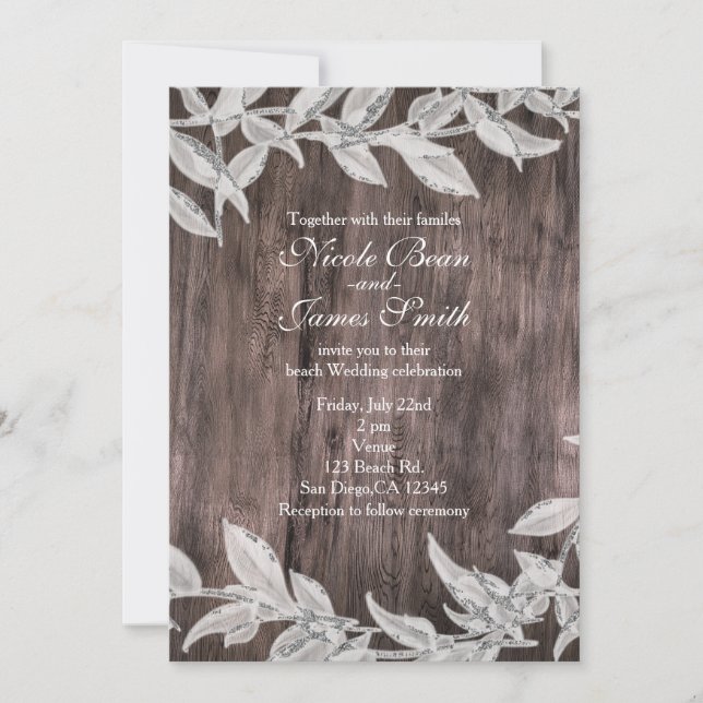 Invitation Mariage d'hiver aux feuilles blanches et argentées (Devant)