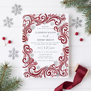 Invitation Mariage d'hiver aux flocons de neige rouge argent