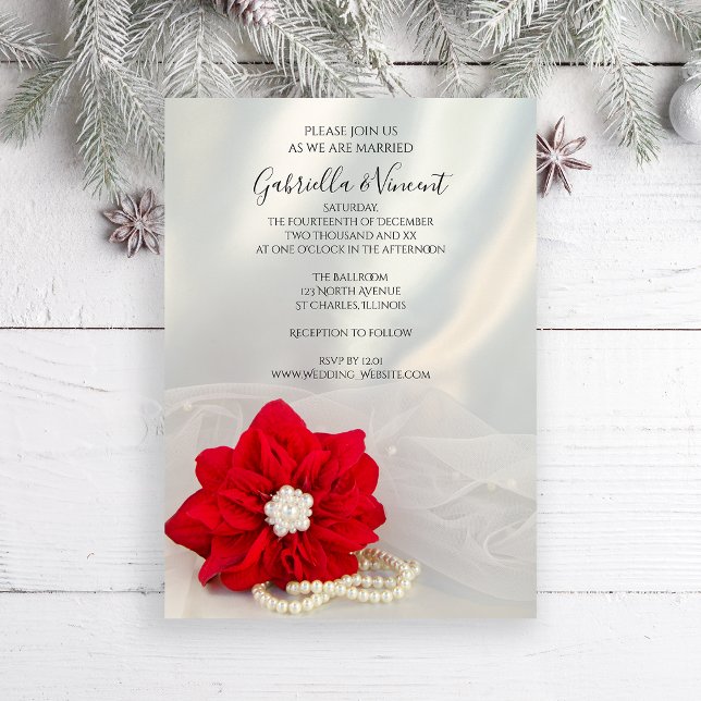 Invitation Mariage d'hiver avec Poinsettia rouge et perles bl (Set the tone for your wintery marriage with the elegant Poinsettia and Pearls Wedding Invitation.)