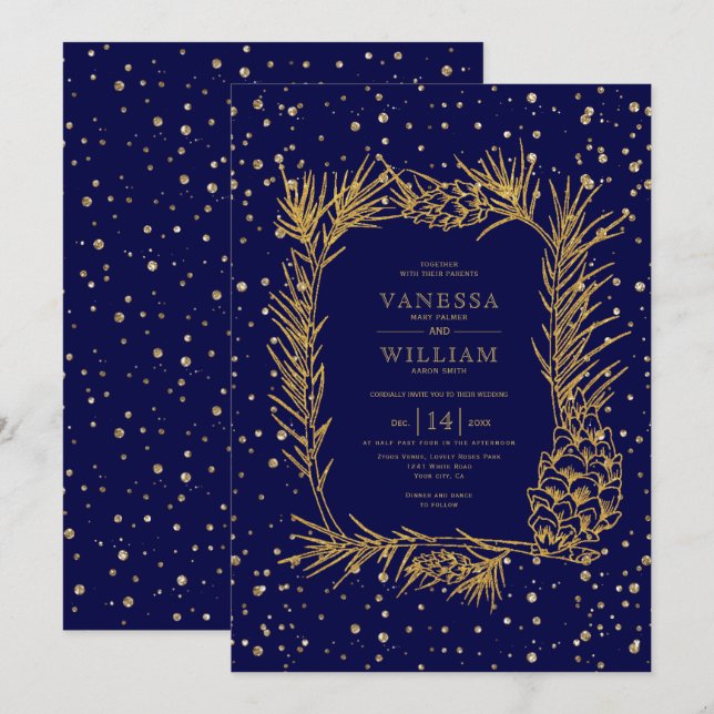Invitation Mariage d'hiver bleu marine en pin doré et confett (Devant / Derrière)