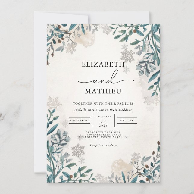 Invitation Mariage d'hiver botanique d'épinette congelée (Devant)