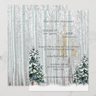 Invitation Mariage d'hiver : bouleaux blancs et pins enneigés