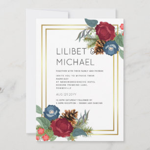 Invitation Mariage d'hiver Bourgogne Turquoise Bleu moderne