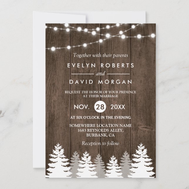Invitation Mariage d'hiver Chaîne de bois rustique Lumières P (Devant)