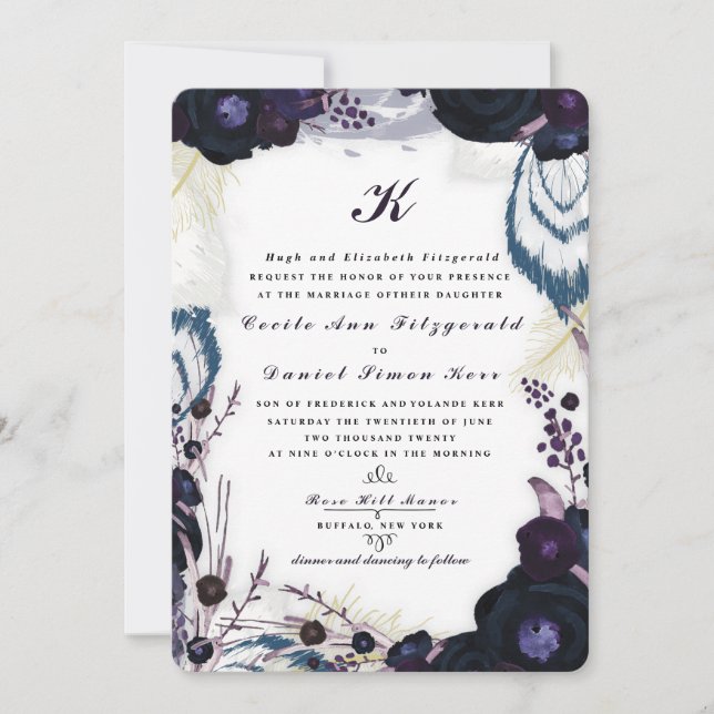 Invitation Mariage d'hiver chic monogramme violet (Devant)