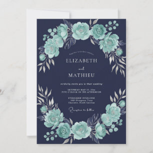 Invitation Mariage d'hiver élégant bleu marine et menthe