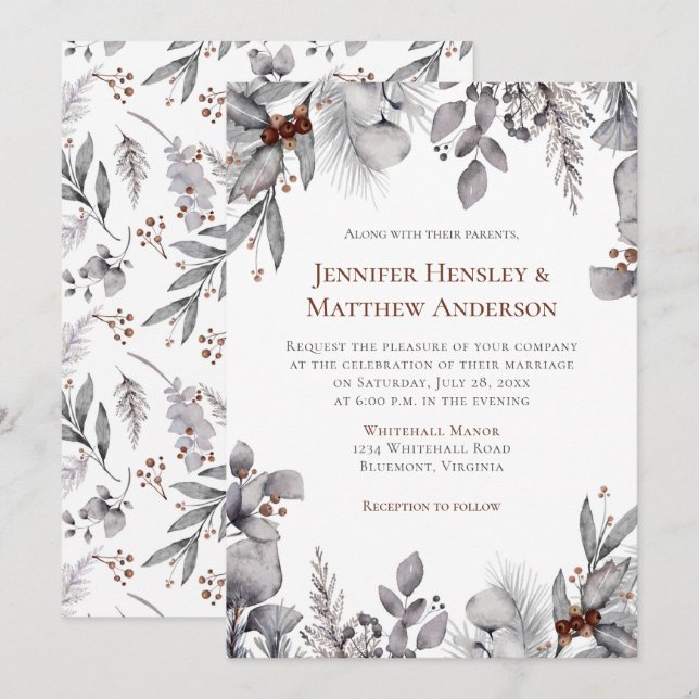 Invitation Mariage d'hiver en argent, gris, cadre Brown rouil (Devant / Derrière)