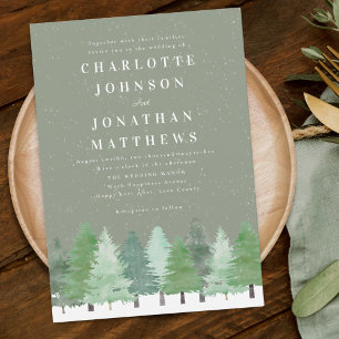 Invitation Mariage d'hiver en forêt boisée moderne, vert saug
