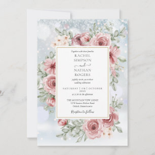 Invitation Mariage d'hiver en or rose poussiéreux floral