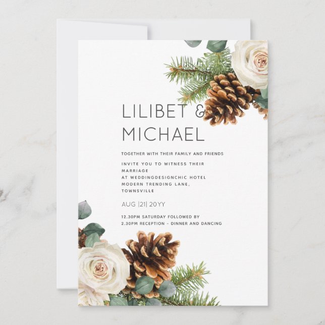 Invitation Mariage d'hiver Eucalyptus Verdure Roses blanches (Devant)
