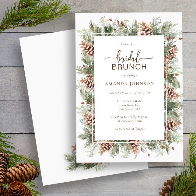 Invitation Mariage d'hiver Fête de mariage (Watercolor Pinecone Greenery Holiday Winter Bridal Brunch Shower Invitation by Painted Paperie
)