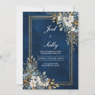 Invitation Mariage d'hiver floral à marbrure bleu marine et o