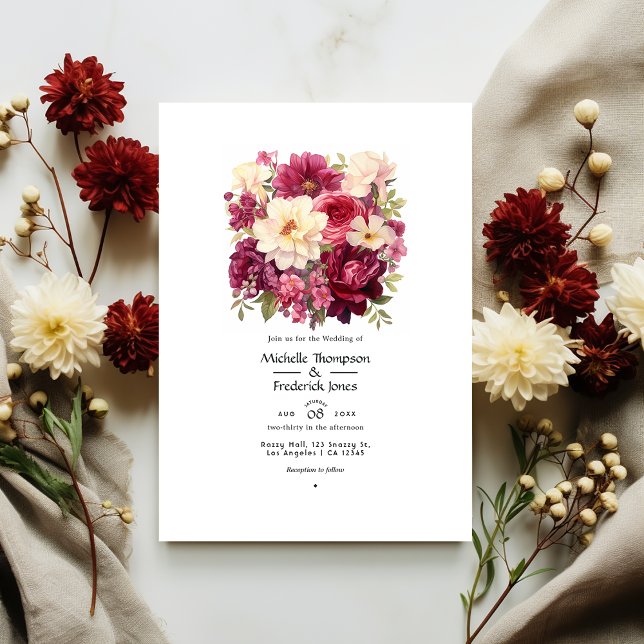 Invitation Mariage d'hiver floral de grenat et crème (Créateur téléchargé)