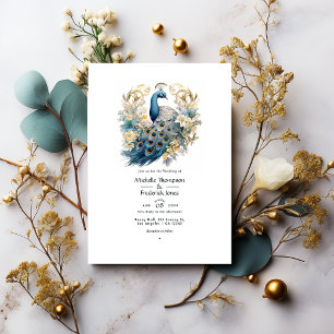 Invitation Mariage d'hiver floral gris, bleu paon et or