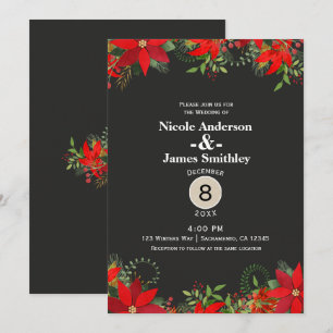 Invitation Mariage d'hiver foncé Rouge Poinsettia Fête Floral