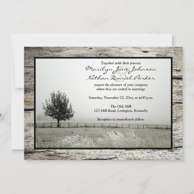 Invitation Mariage d'hiver | Frost rustique | Brume | Arbre | (Devant)
