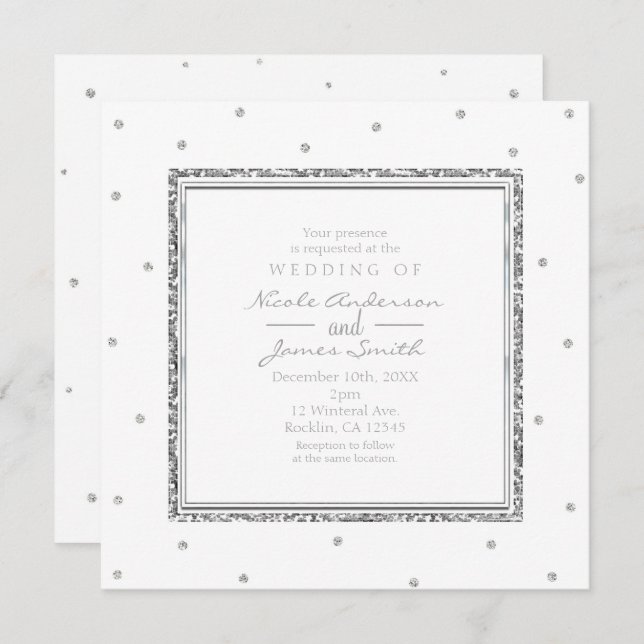 Invitation Mariage d'hiver Glamour Argent & Points Blancs Fêt (Devant / Derrière)