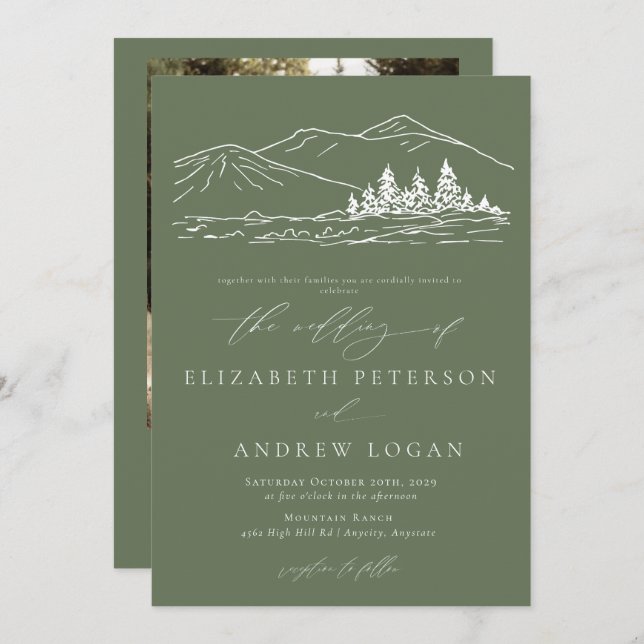 Invitation Mariage d'hiver | Pinède Forêt Montagnes Rustiques (Devant / Derrière)